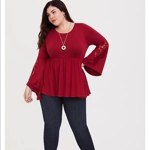 Torrid Red Lace Bell Sleeve Tee size 0x- used, good condition